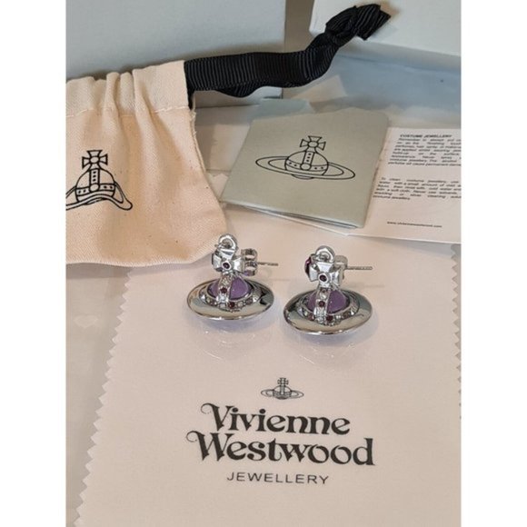 Vivienne Westwood 3D silver tone Purple Orb drop Earrings New with Box - Picture 10 of 12